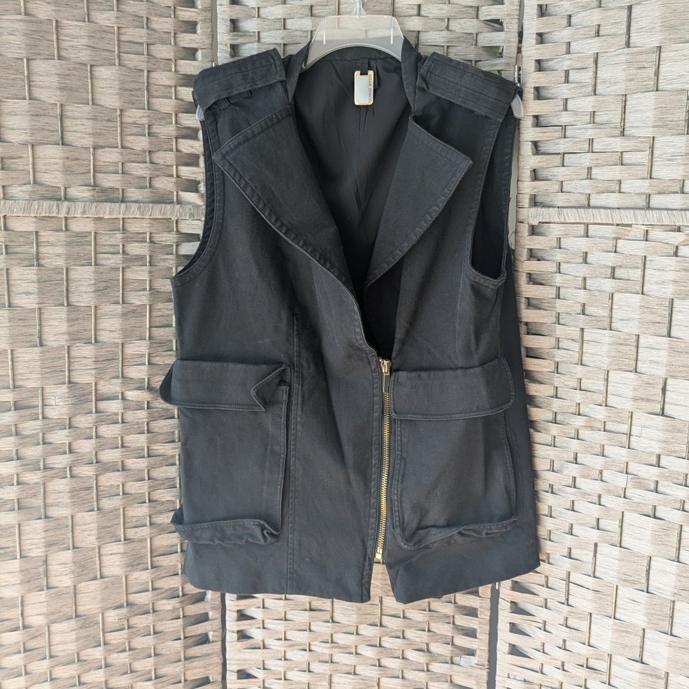 Thomas Wylde Utility Vest Black Cargo Zip Front Notched Lapel Sz 8 Minimalist